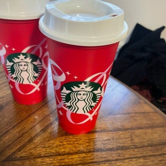Starbucks 50 Years 2021 Christmas Plastic Red Reusable Coffee Cup Lot of 2 - Picture 4 of 5